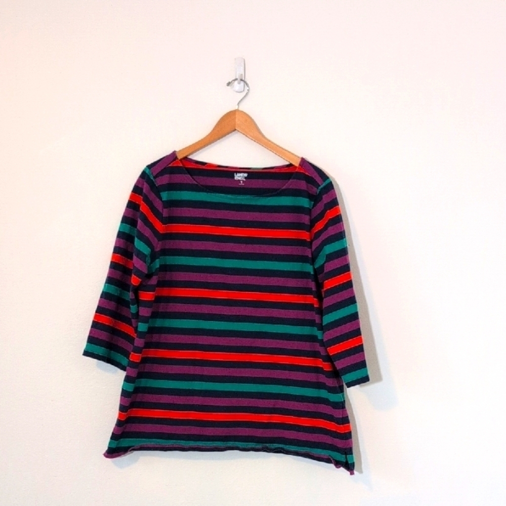 Lands' End Cotton Knit Striped Top In Navy, Orange, Purple, & Green S XL 18